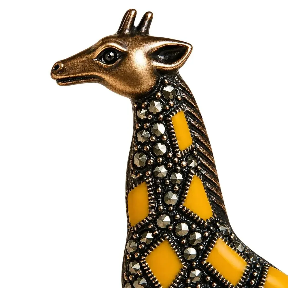 Vintage Sterling Marcasite Giraffe Brooch Yellow Enamel 925 Thailand